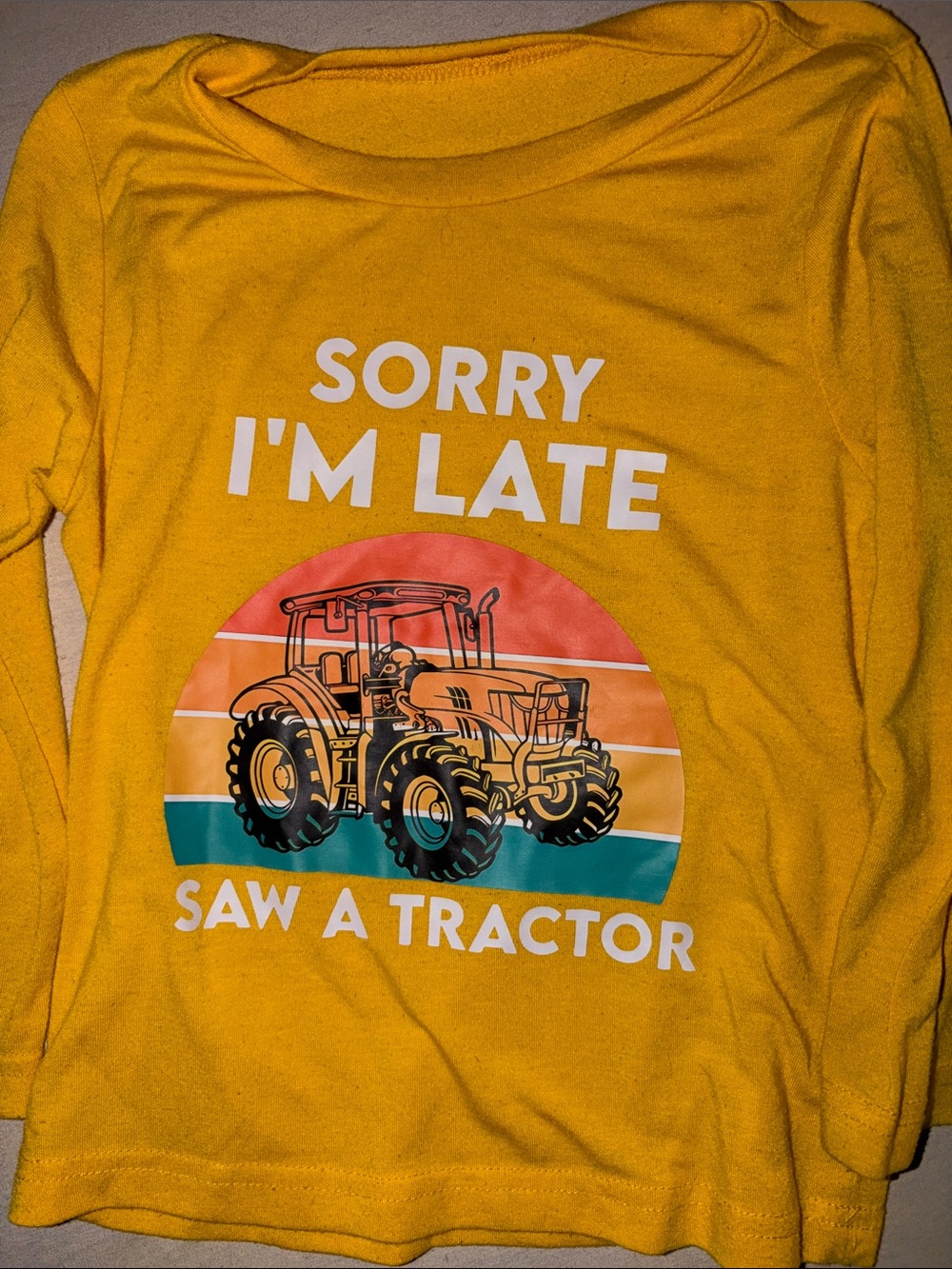 Kids OS Yellow Long-Sleeve Tee – "Sorry I'm Late" Tractor Graphic